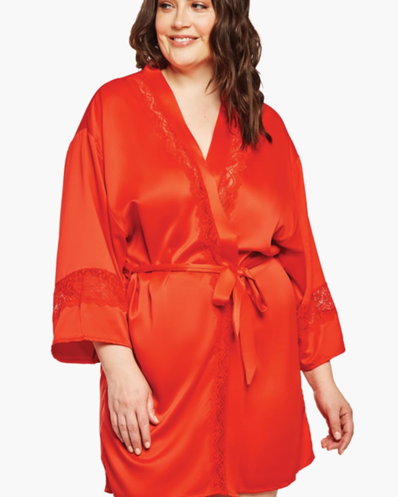 Front of a model wearing a size 1X Rachel Three-Quarter-Sleeve Satin Robe in Red by iCollection. | dia_product_style_image_id:254057